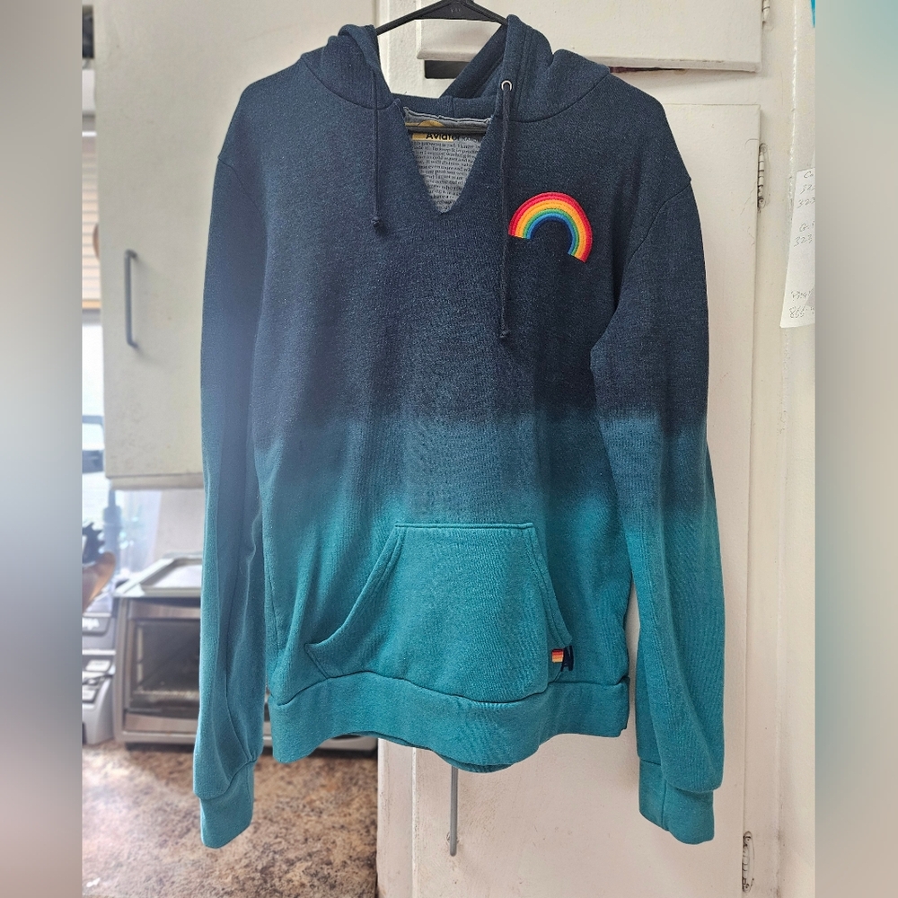 Aviator Nation sz Large L teal navy ombre tie dye rainbow hoodie sweatshirt